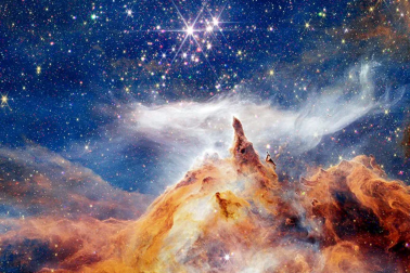 Daten von Chandra fügen rote, grüne und blaue funkelnde Lichter in dieses Bild vom 22. Dezember 2025 von Pismis 24 vom James Webb Space Telescope der NASA hinzu.